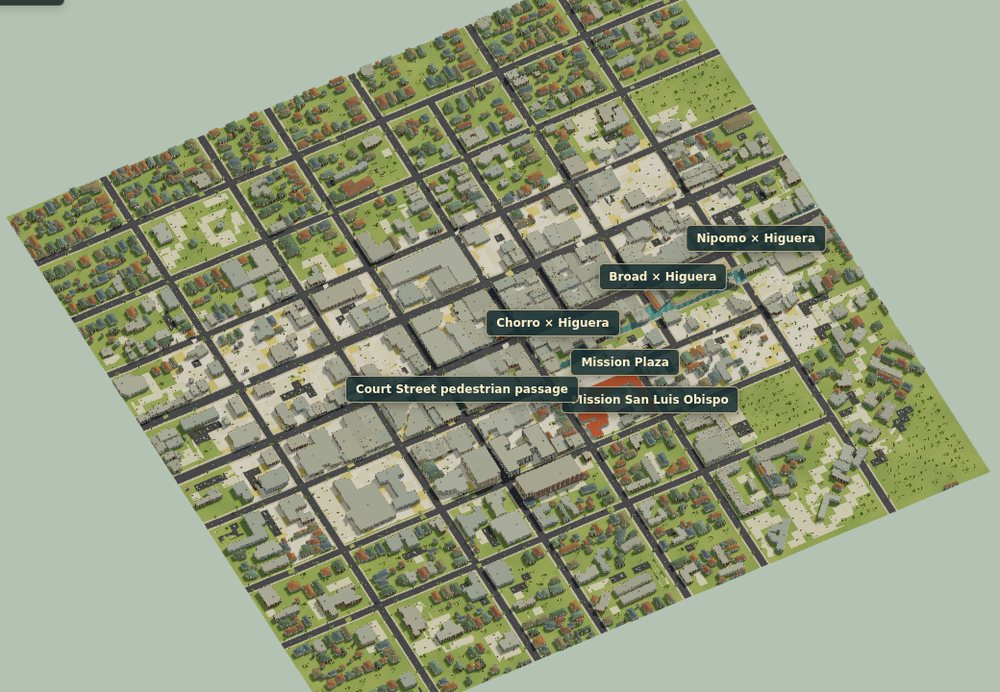 GeoFrame district of downtown San Luis Obispo built from real building footprints